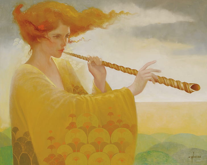 Dewi Emas, tanduk, emas, dewi, fantasi, perempuan, 3d dan abstrak, Wallpaper HD