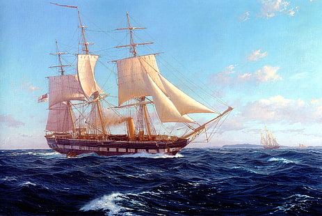 весло, море, корабль, произведения искусства, парусник, HD обои HD wallpaper