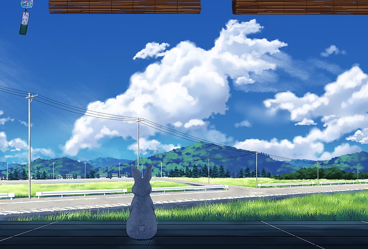 anime landscape, scenic, rabbit, clouds, sky, grass, Anime, HD wallpaper