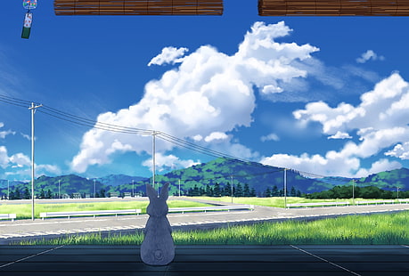 anime landscape, scenic, rabbit, clouds, sky, grass, Anime, HD wallpaper HD wallpaper
