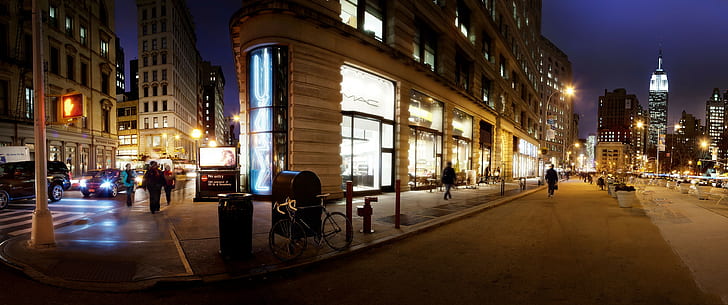 초광각, 도시, 사람, 거리, 밤, 뉴욕시, 맨해튼, HD 배경 화면