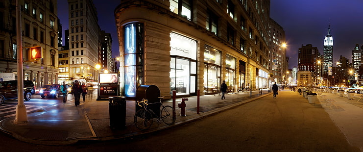 ultrawide, città, persone, strada, notte, New York City, Manhattan, Sfondo HD HD wallpaper