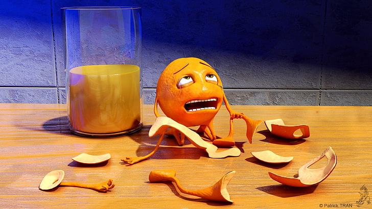 fastidioso sfondo digitale arancione, arte digitale, umorismo, arancia (frutta), succo di frutta, vetro, rendering, tavolo, muro, pianto, lacrime, umorismo oscuro, Patrick Tran, Sfondo HD