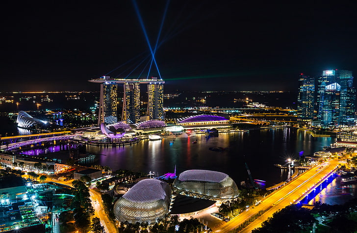 Ночная точка зрения, Marina Bay, 8K, Архитектура, Сингапур, Skyline, 4K, HD обои
