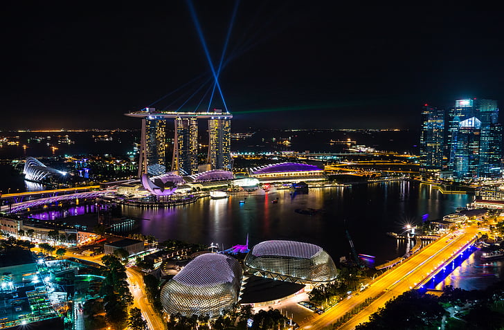سنغافورة ، مارينا باي ، منظر ليلي ، هندسة معمارية ، أفق ، HD ، 4K ، 8K، خلفية HD