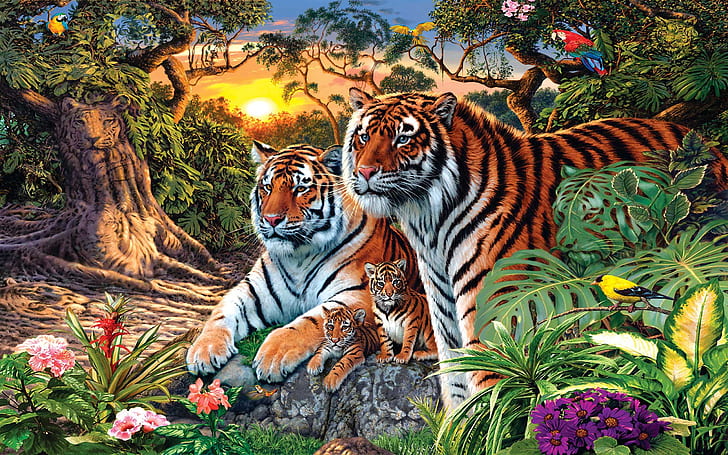Животные джунглей, тигр и тигрица с двумя детенышами HD обои для мобильных телефонов и ноутбуков 2560 × 1600, HD обои