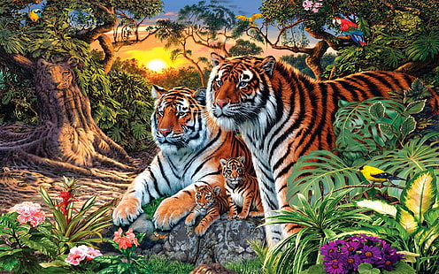 Zwierzęta dżungli, tygrys i tygrysica z dwoma młodymi Małe tapety HD na telefony komórkowe i laptopy 2560 × 1600, Tapety HD HD wallpaper