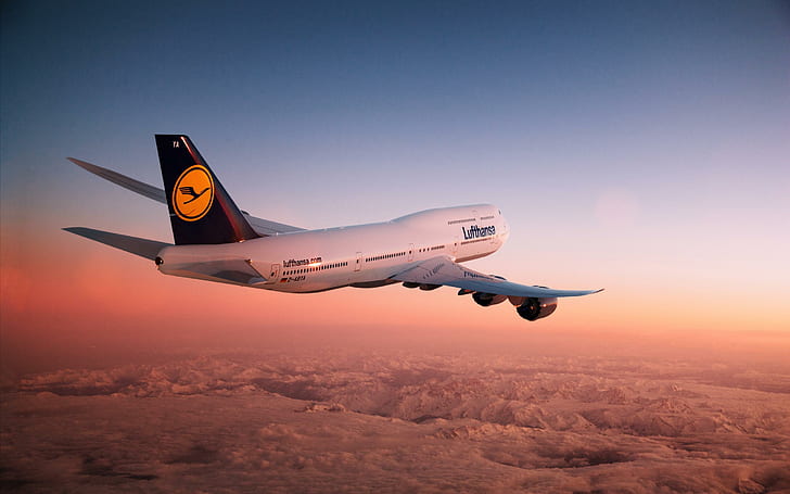Lufthansa boing 747 pesawat, pesawat, pesawat, lufthansa, boing, matahari terbenam, Wallpaper HD