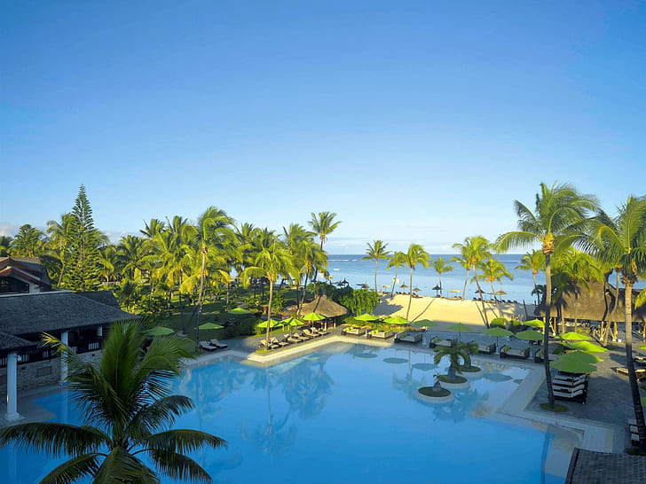 Ośrodek, morze, palmy, basen pływacki, Mauritius, Ośrodek wypoczynkowy, morze, palmy, drzewa, pływanie, basen, Mauritius, Tapety HD