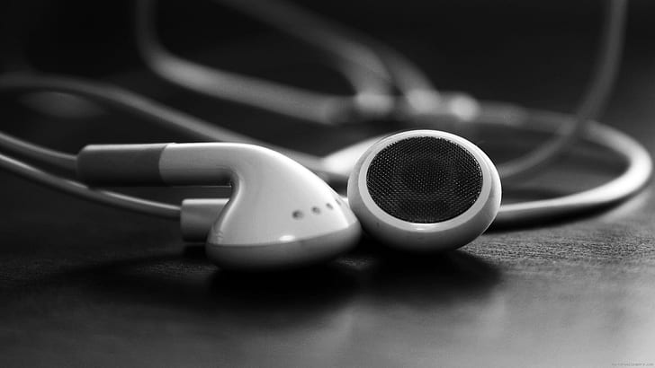 Headphone hitam putih, earphone putih dan abu-abu, headphone, iphone, musik, abu-abu, Wallpaper HD