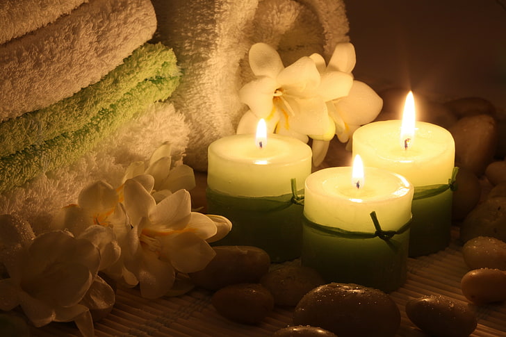 white votive candles, flowers, towel, candles, Spa, Spa stones, HD wallpaper