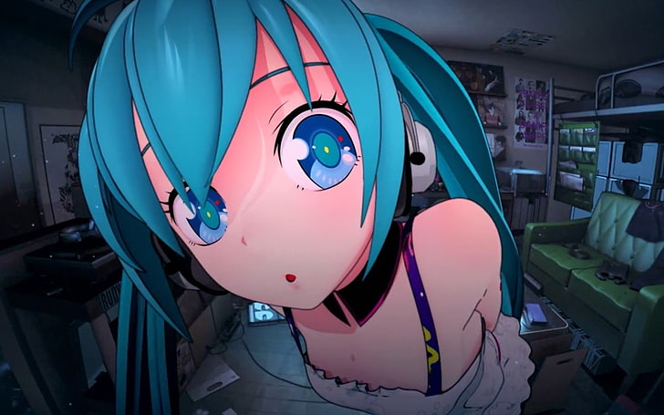 очи, Hatsune Miku, Vocaloid, синя коса, сини очи, слушалки, HD тапет