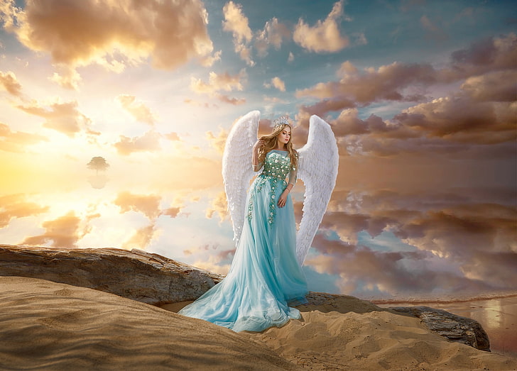 angel, wings, sky, dress, women, model, HD wallpaper