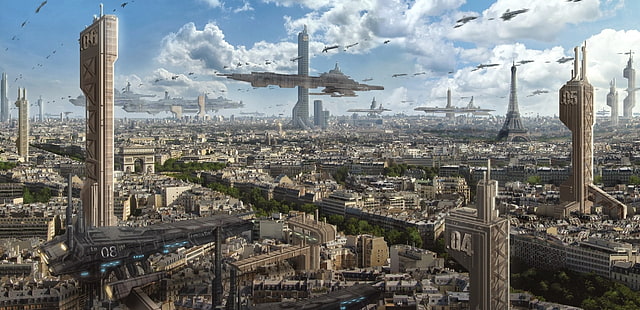 ภาพประกอบของเมือง, ทิวทัศน์ของเมือง, อนาคต, นิยายวิทยาศาสตร์, เมืองแห่งอนาคต, วอลล์เปเปอร์ HD HD wallpaper