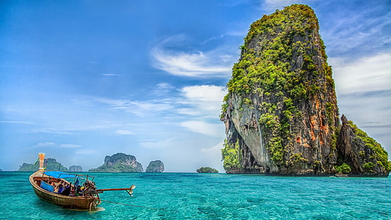 railay beach, krabi, morze, wyspa, wysepka, kraje tropikalne, egzotyczny, plaża, ocean, łódź, krystalicznie czysta woda, laguna, wakacje, Tajlandia, Azja, Tapety HD HD wallpaper
