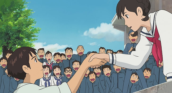 two anime characters shaking hands wallpaper, Studio Ghibli, anime, Up on Poppy Hill, school uniform, anime boys, anime girls, HD wallpaper