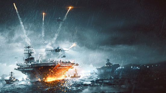 Battlefield 4, porta-aviões, caça a jato, navio, HD papel de parede HD wallpaper