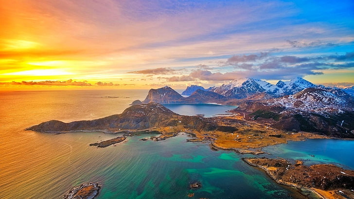 Coucher de soleil sur les îles Lofoten-Nature HD Wallpaper, montagnes brunes, Fond d'écran HD