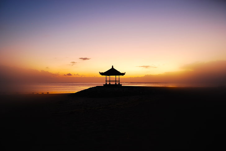 gazebo, ocean, sunset, bali, indonesia, HD wallpaper