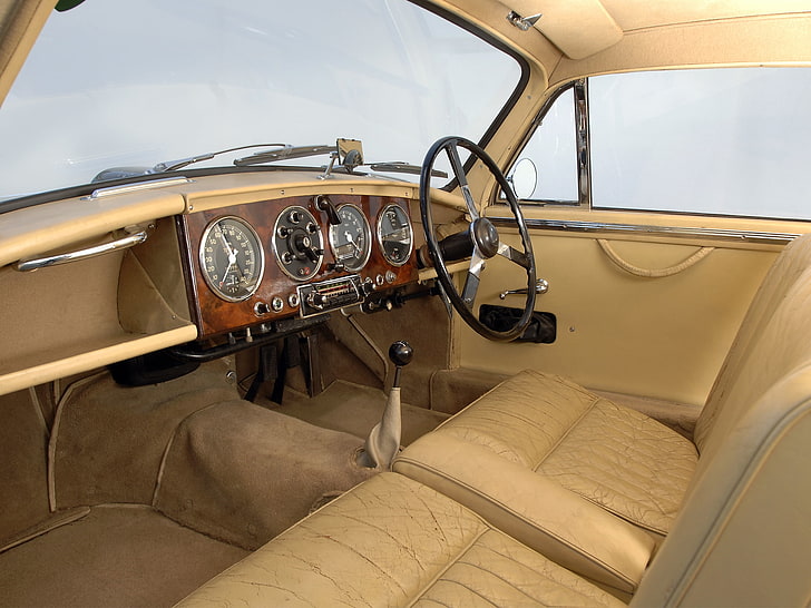 brown vehicle interior, aston martin, 1950, beige, salon, retro, interior, steering wheel, speedometer, HD wallpaper