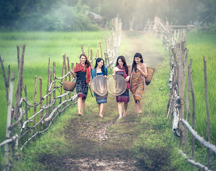 Asian Countryside, Girls, women's several dresses, Asia, Thailand, Girls, Travel, Nature, People, Happy, Four, Fence, Road, Photography, Work, Women, Harvest, Crop, Country, Vacation, Path, Countryside, barefoot, visit, tourism, dirtroad, ingathering, baskets, HD wallpaper