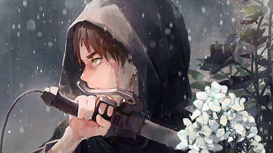 Anime, Attack On Titan, Junge, Braunes Haar, Eren Yeager, Schwert, Gelbe Augen, HD-Hintergrundbild HD wallpaper