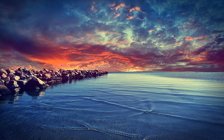 alam, pemandangan, laut, pantai, matahari terbenam, batu, penuh warna, Wallpaper HD