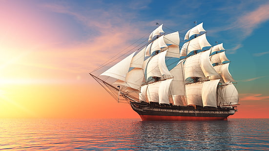 кораб на бял галеон, море, небе, кораб, платна, плуване, HD тапет HD wallpaper