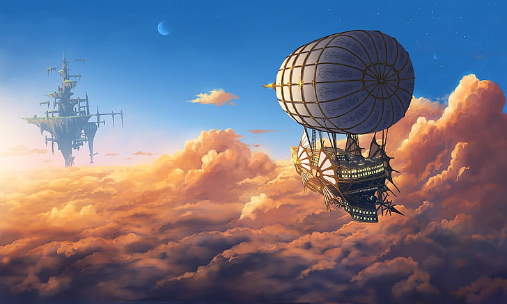 white blimp, aircraft, clouds, fantasy art, Moon, floating, sky, floating island, HD wallpaper
