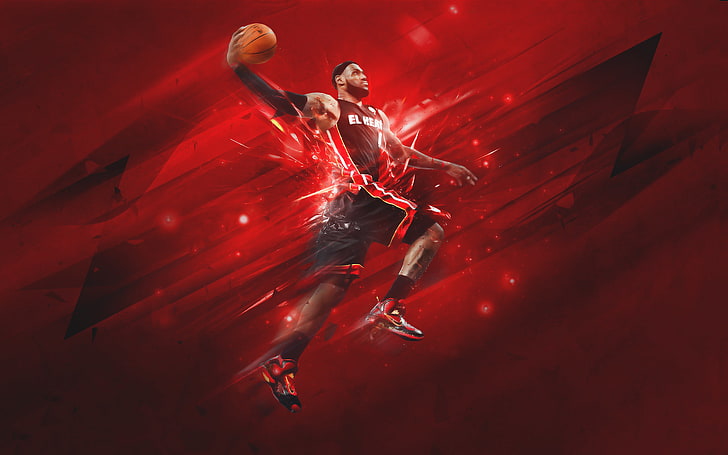 LeBron James tiene in mano uno sfondo di pallacanestro, Rosso, Miami, Sport, Basket, NBA, LeBron James, Heat, Hit, Sfondo HD