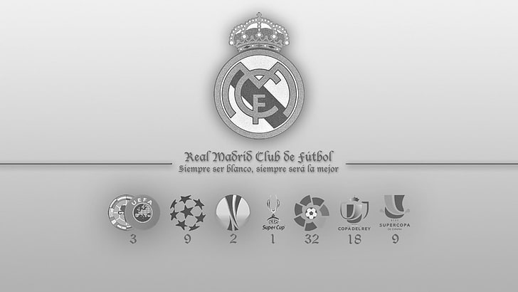 レアルマドリードチームのロゴ、レアルマドリード、サッカー、シンプルな灰色の背景、 HDデスクトップの壁紙