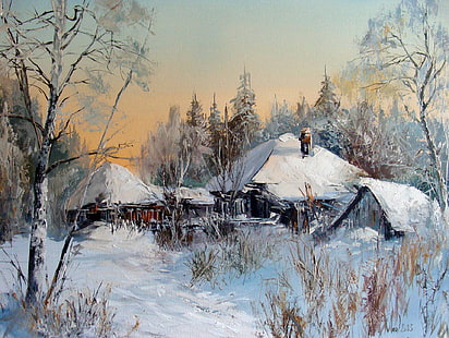 invierno, óleo, cuadro, pintura, lienzo, paisaje de invierno, paisaje rural, artista Alexander Lednev, Fondo de pantalla HD HD wallpaper