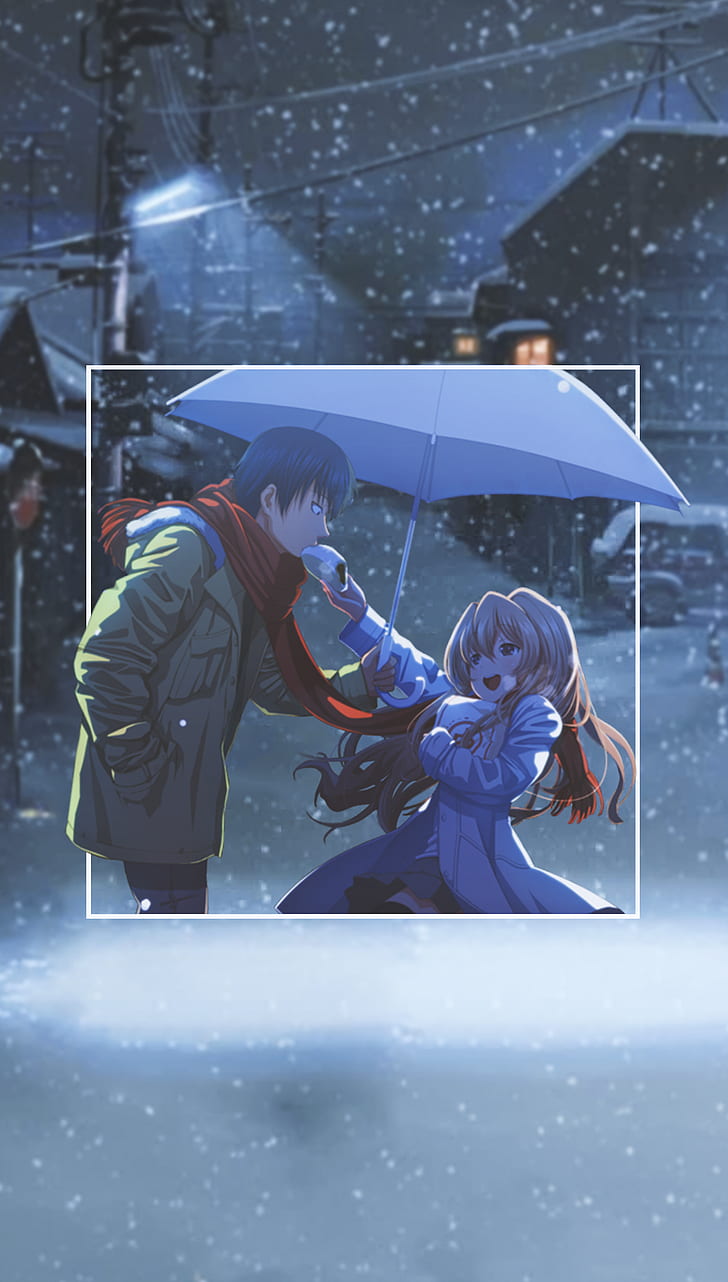 anime, anime girls, picture-in-picture, ombrello, urbano, inverno, neve, Sfondo HD, sfondo telefono