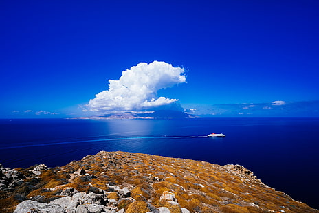 белый круизный катер, облака, Греция, лайнер, Эгейское море, Эгейское море, Миконос, HD обои HD wallpaper
