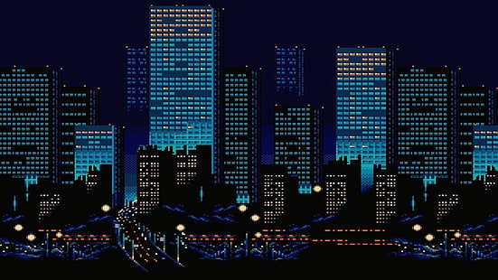 Ночь, Город, Здание, Пиксели, 8 бит, 8 бит, HD обои HD wallpaper