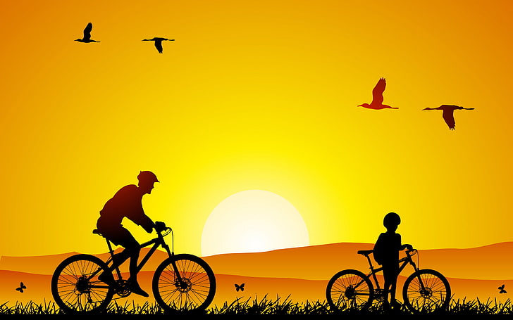 silhouette of boy and man riding bicycles wallpaper, nature, mood, minimalism, walk, tiny, son, bikes, dad, HD wallpaper