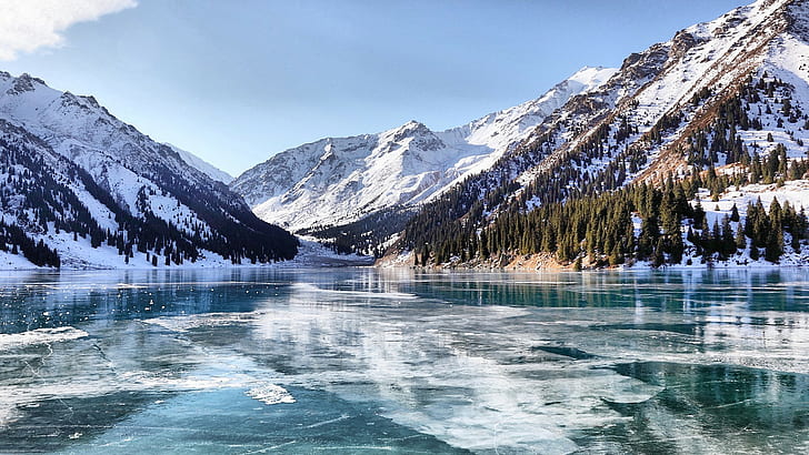 눈 호수 얼어 붙은 호수 카자흐스탄 얼음 산 풍경 자연 반사 눈 덮인 피크 계곡, HD 배경 화면