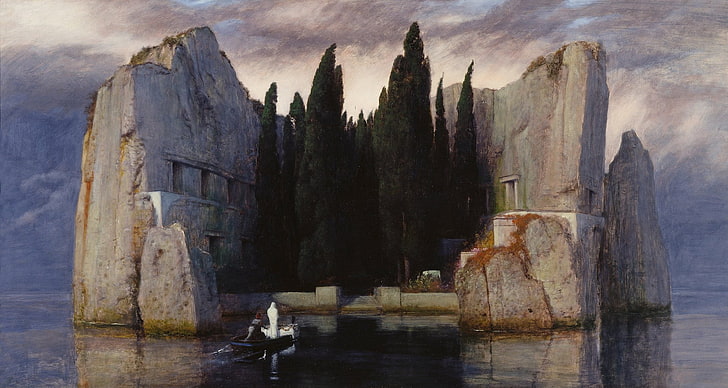 artwork, Arnold Böcklin, boat, island, water, trees, oil painting, painting, HD wallpaper