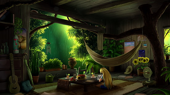 grafika, sztuka cyfrowa, wnętrze, domek na drzewie, drzewa, las, deszcz, Tapety HD HD wallpaper