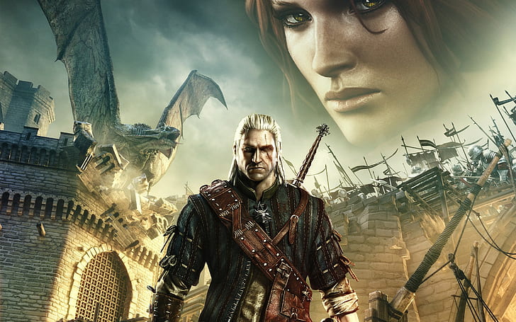 The Witcher 2 Assassins of Kings, The Witcher, Triss Merigold, Geralt of Rivia, dragon, HD wallpaper
