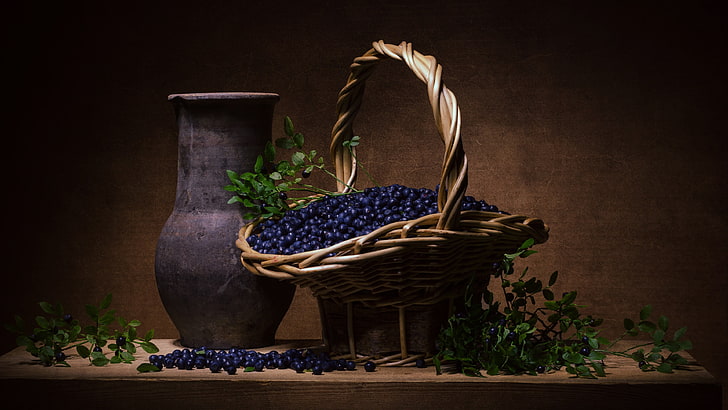 blueberries, basket, still life photography, blueberry, still life, photography, fruit, harvest, HD wallpaper