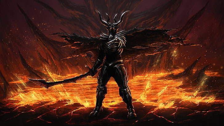 personagem do jogo segurando o machado de batalha papel de parede, arte da fantasia, demônio, fantasia escura, HD papel de parede