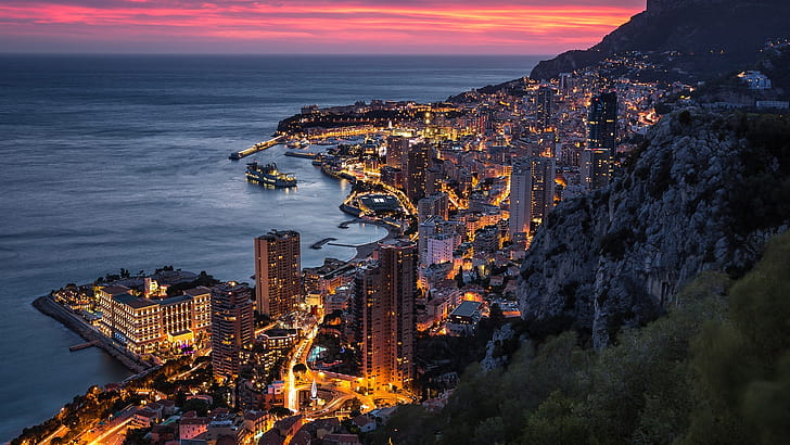 海、モンテカルロ、海岸、モナコ、岬、都市景観、モンテカルロ、夕方、夕暮れ、ヨーロッパ、街の明かり、地平線、日没、 HDデスクトップの壁紙