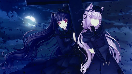 two blue and purple-haired female anime character leaning on cross wallpaper, animal, anime, black, closed, clouds, cross, cut, dark, dress, ears, eyes, fashion, flower, full, girls, gothic, hair, hats, hime, lolita, long, moon, mouth, neko, nekomimi, night, open, ornaments, petals, red, ribbons, sayori, twintails, white, wind, works, HD wallpaper HD wallpaper