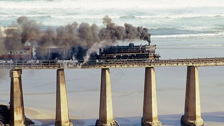 Tjoe Steam Engine In South Africa, beach, bridge, waves, train, steam, nature and landscapes, HD wallpaper