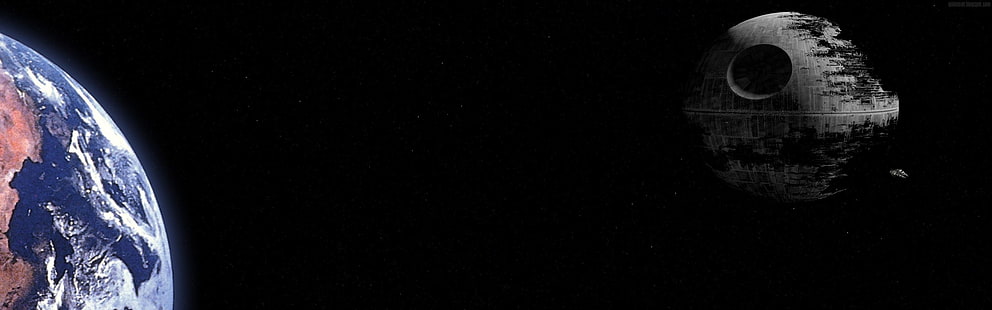 Papel de parede de Terra e Guerra nas Estrelas da Estrela da Morte, monitores múltiplos, monitores duplos, Guerra nas Estrelas, Estrela da Morte, planeta, espaço, HD papel de parede HD wallpaper