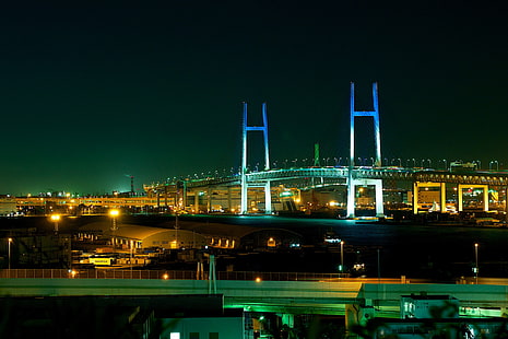 night, bridge, lights, home, Japan, Yokohama Bay Bridge, Yokohama, HD wallpaper HD wallpaper