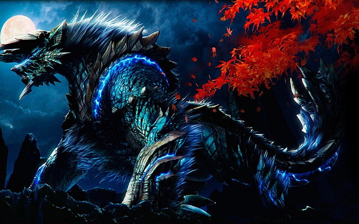 illustration de monstre noir, bleu et vert, Chasseur de monstres, Jinouga, Zinogre, art fantastique, Fond d'écran HD