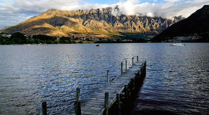 山、ワカティプ湖、オタゴ、nz、ワカティプ湖、オタゴ、nz、ワカティプ湖、オタゴの横にある水域。NZ、水域、山、ニュージーランド、Lumix FZ1000、風景、風景、桟橋、写真、湖、山、自然、水、屋外、風景、夏、ヨーロッパアルプス、空、ヨーロッパ、 HDデスクトップの壁紙