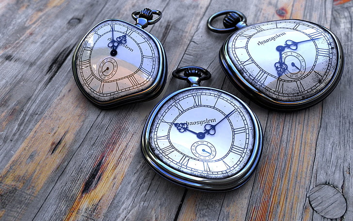 drei runde silberfarbene Taschenuhren, Uhren, Tasche, gebogen, Oberfläche, HD-Hintergrundbild